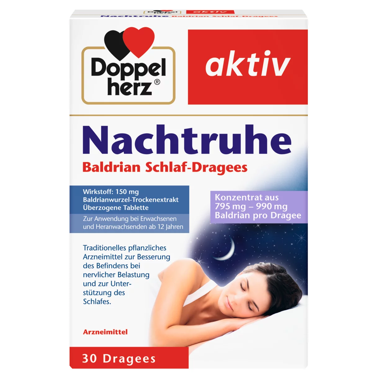 Abbildung der Produktverpackung Doppelherz aktiv Nachtruhe Baldrian Schlaf-Dragees Frontansicht